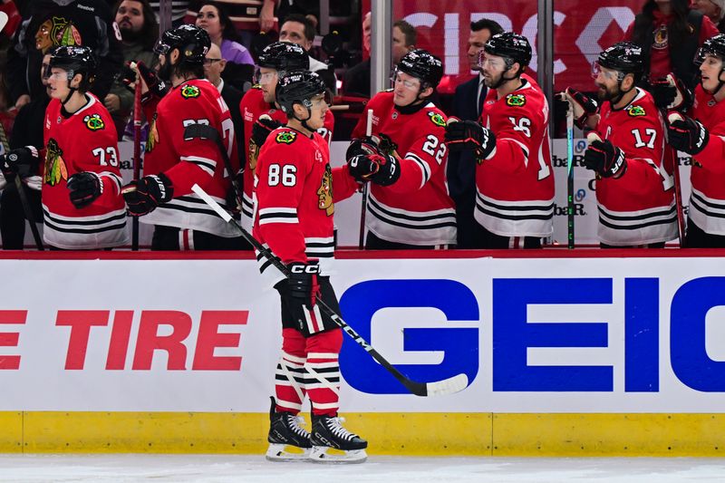 Nov 21, 2024; Chicago, Illinois, USA; Chicago Blackhawks center Teuvo Teravainen (86) celebrates his goal against the Florida Panthers during the first period at the United Center. Mandatory Credit: Daniel Bartel-Imagn Images