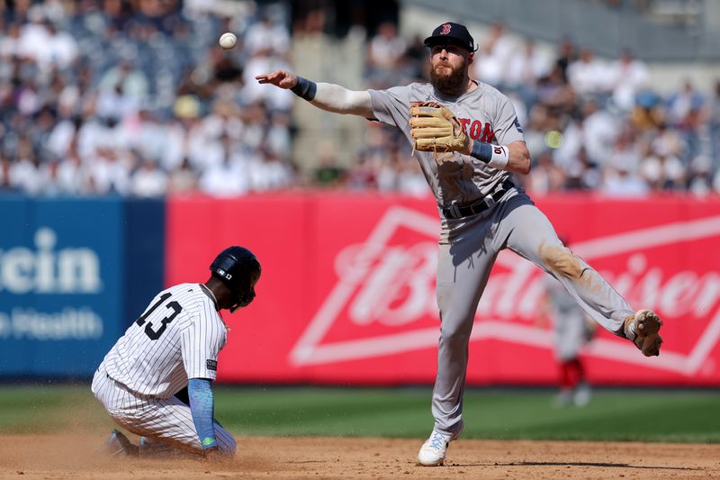 Sep 14, 2024; Bronx, New York, USA; Boston Red Sox shortstop Trevor Story (10) forces out New York Yankees third baseman Jazz Chisholm Jr. (13) at second base then throws to first to attempt a double play on a ball hit by Yankees center fielder Jasson Dominguez (not pictured) during the sixth inning at Yankee Stadium. Dominguez was safe at first base. Mandatory Credit: Brad Penner-Imagn Images