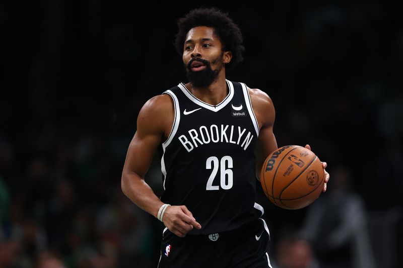 BOSTON, MASSACHUSETTS - NOVEMBER 10: Spencer Dinwiddie #26 of the Brooklyn Nets dribbles downcourt against the Boston Celtics during the second half of their In-Season Tournament game at TD Garden on November 10, 2023 in Boston, Massachusetts. The Celtics defeat the Nets 121-107. NOTE TO USER: User expressly acknowledges and agrees that, by downloading and or using this photograph, User is consenting to the terms and conditions of the Getty Images License Agreement. (Photo by Maddie Meyer/Getty Images)