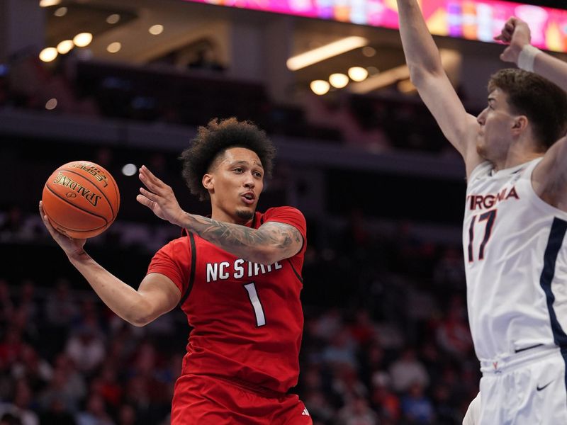 Mar 12, 2026; Charlotte, NC, USA; NC State Wolfpack forward Darrion Williams (1) passes the ball past Virginia Cavaliers center Johann Grünloh (17) during the second half at Spectrum Center. Mandatory Credit: Jim Dedmon-Imagn Images Mar 12, 2026; Charlotte, NC, USA; NC State Wolfpack forward Darrion Williams (1) passes the ball past Virginia Cavaliers center Johann Grünloh (17) during the second half at Spectrum Center. Mandatory Credit: Jim Dedmon-Imagn Images