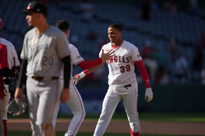 Sep 18, 2024; Anaheim, California, USA; Los Angeles Angels center fielder Jordyn Aadams (39) celebrates after hitting a walkoff single in the 13th inning against the Chicago White Sox at Angel Stadium. Mandatory Credit: Kirby Lee-Imagn Images