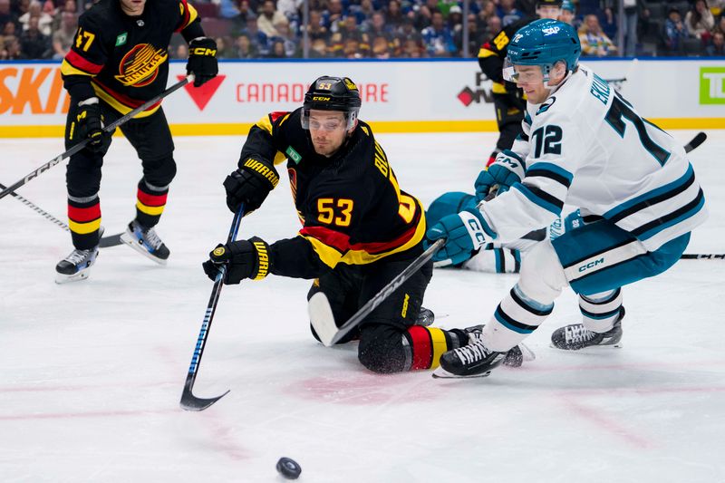 Dec 23, 2023; Vancouver, British Columbia, CAN; Vancouver Canucks forward Teddy Blueger (53) battles with San Jose Sharks forward William Eklund (72) in the second period at Rogers Arena. Mandatory Credit: Bob Frid-USA TODAY Sports