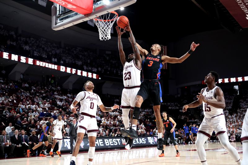 Jan 18, 2023; College Station, Texas, USA; Texas A&M Aggies guard Tyrece Radford (23) and Florida Gators forward Alex Fudge (3) pursue a rebound during the first half at Reed Arena. Mandatory Credit: Erik Williams-USA TODAY Sports
