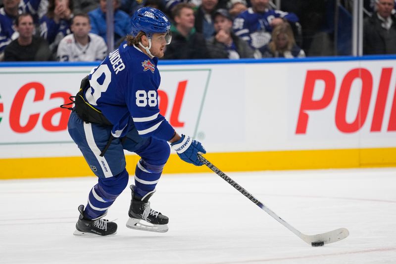 Jan 13, 2024; Toronto, Ontario, CAN; Toronto Maple Leafs forward William Nylander (88) carries the puck against the Colorado Avalanche during the second period at Scotiabank Arena. Mandatory Credit: John E. Sokolowski-USA TODAY Sports