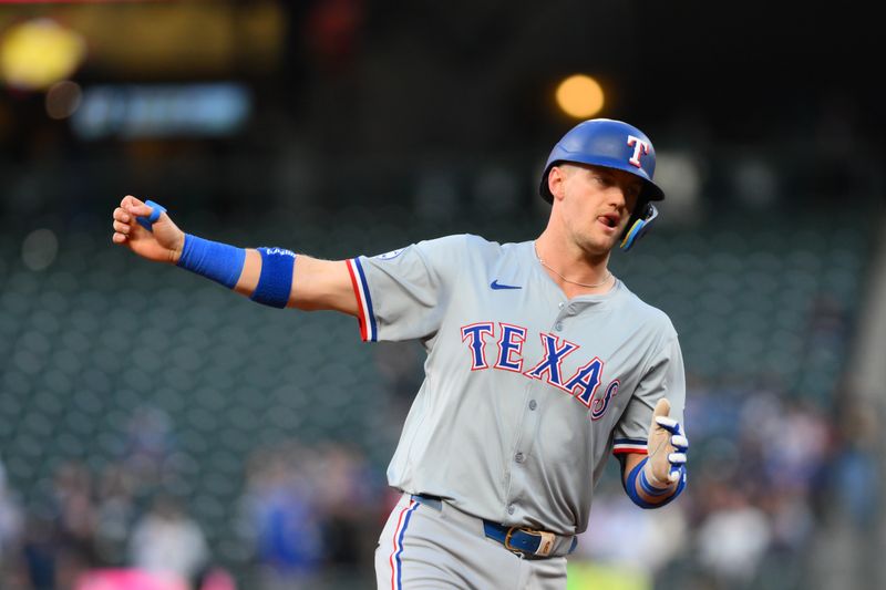 Sep 12, 2024; Seattle, Washington, USA; Texas Rangers third baseman Josh Jung (6) runs the bases after hitting a home run against the Seattle Mariners during the second inning at T-Mobile Park. Mandatory Credit: Steven Bisig-Imagn Images