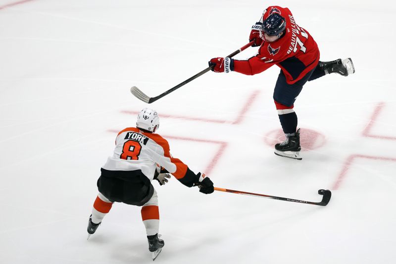 Mar 20, 2025; Washington, District of Columbia, USA; Philadelphia Flyers defenseman Cam York (8) blocks a shot attempt made by Washington Capitals left wing Anthony Beauvillier (72) during the third period at Capital One Arena. Mandatory Credit: Daniel Kucin Jr.-Imagn Images