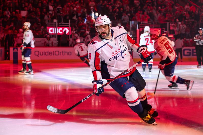 Dec 10, 2023; Chicago, Illinois, USA; Washington Capitals left wing Alex Ovechkin (8) skates against the Chicago Blackhawks before the first period at the United Center. Mandatory Credit: Daniel Bartel-USA TODAY Sports