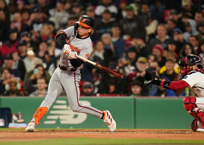 Apr 10, 2024; Boston, Massachusetts, USA; Baltimore Orioles second base Jackson Holliday (7) strikes out against the Boston Red Sox in the third inning at Fenway Park. Mandatory Credit: David Butler II-USA TODAY Sports