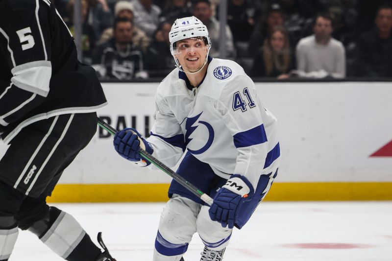 Mar 23, 2024; Los Angeles, California, USA; Tampa Bay Lighting right wing Mitchell Chaffee (41) skates during the third period of an NHL hockey game against the Los Angeles Kings at Crypto.com Arena. Mandatory Credit: Yannick Peterhans-USA TODAY Sports