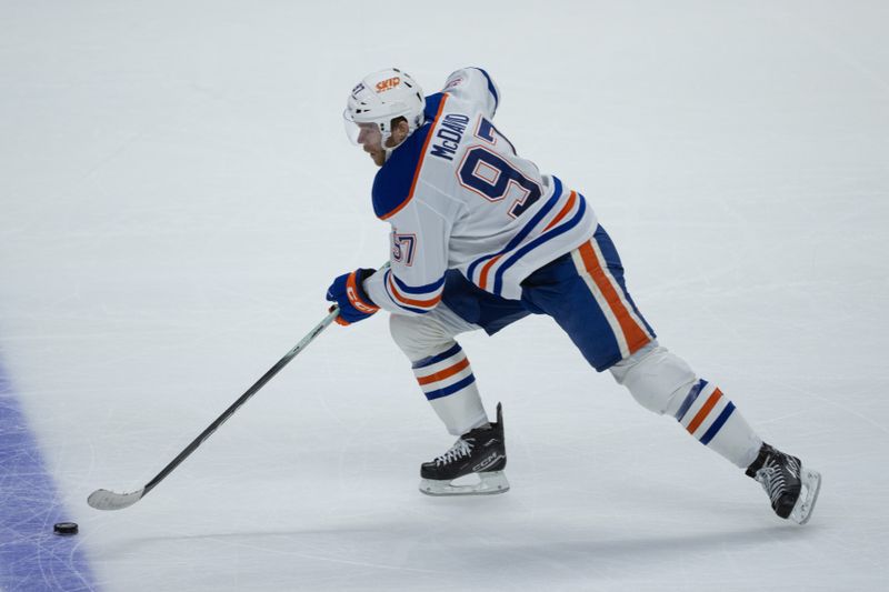 Oct 21, 2025; Ottawa, Ontario, CAN; Edmonton Oilers center Connor McDavid (97) skates with the puck in the third period against the Ottawa Senators at the Canadian Tire Centre. Mandatory Credit: Marc DesRosiers-IMAGN Images