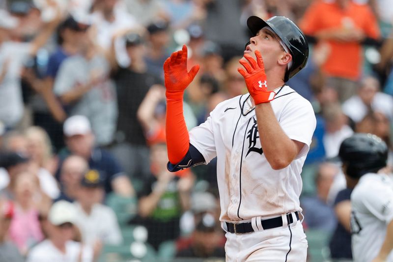 Aug 6, 2023; Detroit, Michigan, USA; Detroit Tigers designated hitter Kerry Carpenter (30) celebrates after he hits a two run home run in the seventh inning against the Tampa Bay Rays at Comerica Park. Mandatory Credit: Rick Osentoski-USA TODAY Sports