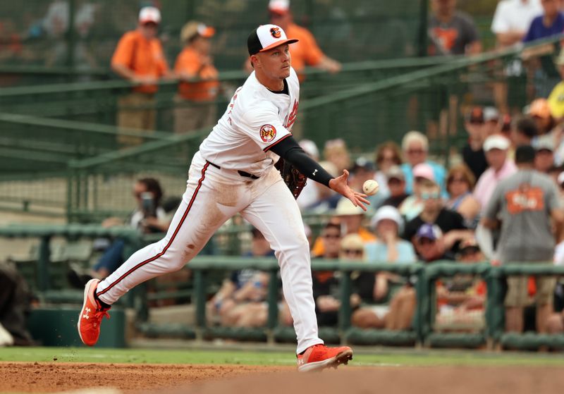 Mar 2, 2024; Sarasota, Florida, USA;  Baltimore Orioles first baseman Ryan Mountcastle (6) throws the ball to first base for an out during the fifth inning against the New York Yankees at Ed Smith Stadium. Mandatory Credit: Kim Klement Neitzel-USA TODAY Sports