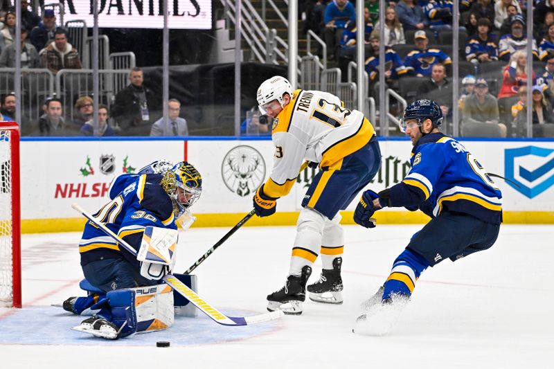 Nov 24, 2023; St. Louis, Missouri, USA;  St. Louis Blues goaltender Joel Hofer (30) and defenseman Marco Scandella (6) defend the net against Nashville Predators center Yakov Trenin (13) during the first period at Enterprise Center. Mandatory Credit: Jeff Curry-USA TODAY Sports