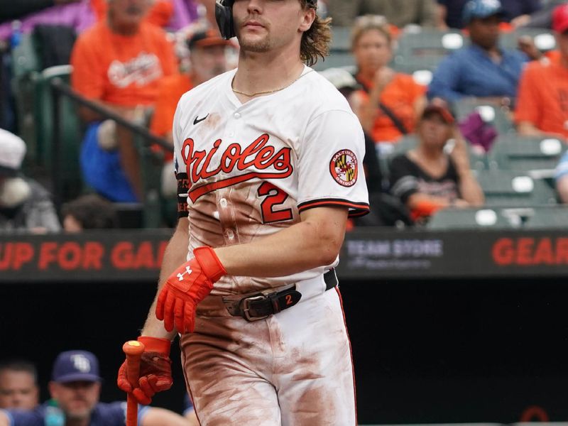 Sep 25, 2025; Baltimore, Maryland, USA; Baltimore Orioles shortstop Gunnar Henderson (2) strikes out in the third inning against the Tampa Bay Rays at Oriole Park at Camden Yards. Mandatory Credit: Mitch Stringer-Imagn Images