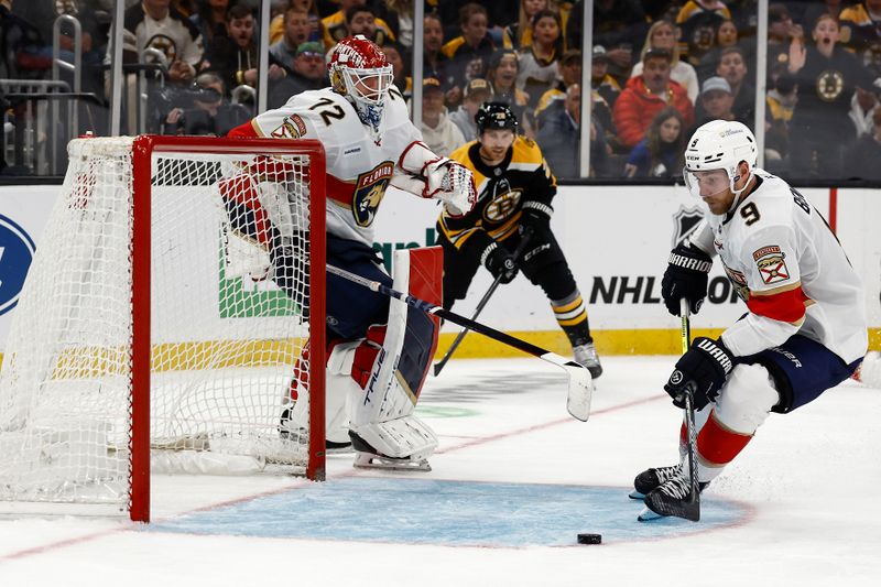 Oct 14, 2024; Boston, Massachusetts, USA; Florida Panthers center Sam Bennett (9) moves to clear a loose puck away from the crease after Florida Panthers goaltender Sergei Bobrovsky (72) was caught behind the goal during the second period against the Boston Bruins at TD Garden. Mandatory Credit: Winslow Townson-Imagn Images