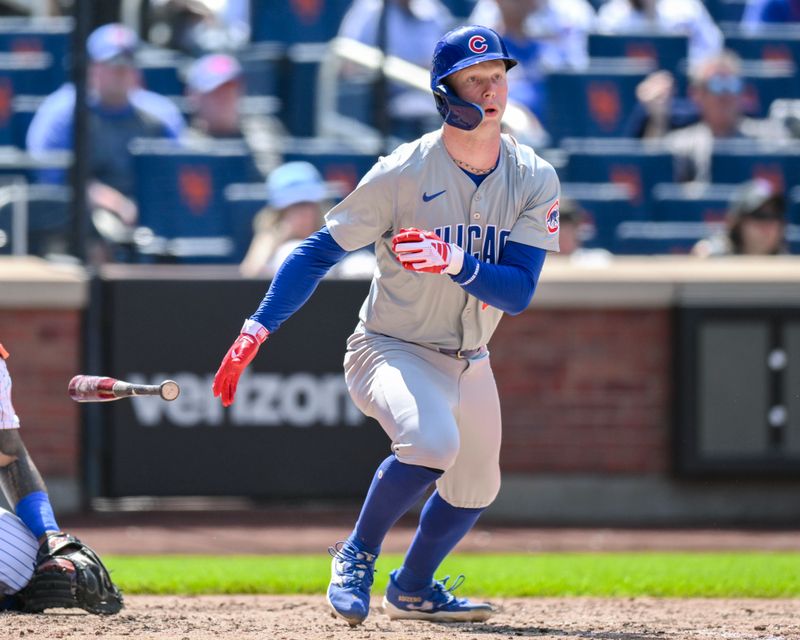 May 2, 2024; New York City, New York, USA; Chicago Cubs outfielder Pete Crow-Armstrong (52) hits a RBI double during the sixth inning against the New York Mets at Citi Field. Mandatory Credit: John Jones-USA TODAY Sports