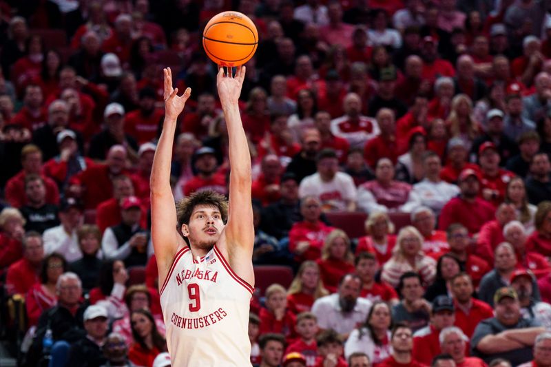 Feb 10, 2026; Lincoln, Nebraska, USA; Nebraska Cornhuskers forward Berke Buyuktuncel (9) shoots the ball during the first half against the Purdue Boilermakers at Pinnacle Bank Arena. Mandatory Credit: Dylan Widger-Imagn Images