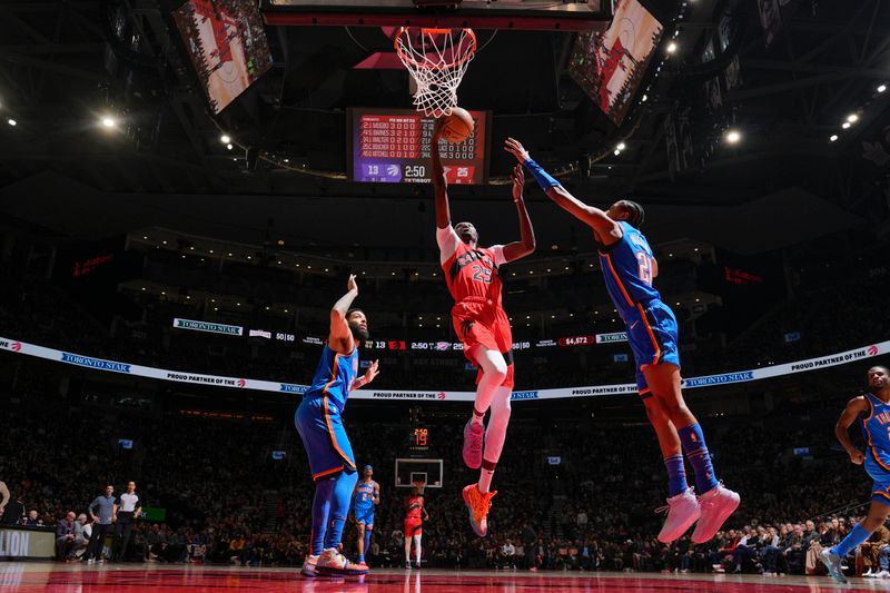 TORONTO, CANADA - DECEMBER 05:  Chris Boucher #25 of the Toronto Raptors shoots the ball during the game against the Oklahoma City Thunder on December 05, 2024 at the Scotiabank Arena in Toronto, Ontario, Canada.  NOTE TO USER: User expressly acknowledges and agrees that, by downloading and or using this Photograph, user is consenting to the terms and conditions of the Getty Images License Agreement.  Mandatory Copyright Notice: Copyright 2024 NBAE (Photo by Mark Blinch/NBAE via Getty Images)