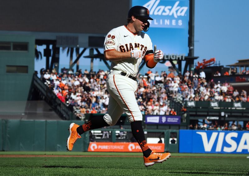 Aug 27, 2023; San Francisco, California, USA; San Francisco Giants third baseman Casey Schmitt (6) rounds the bases on a solo home run against the Atlanta Braves during the second inning at Oracle Park. Mandatory Credit: Kelley L Cox-USA TODAY Sports