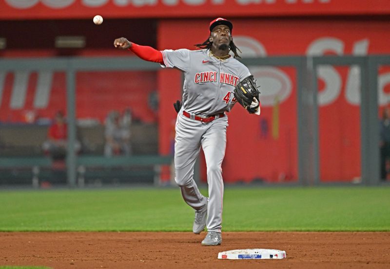 Jun 14, 2023; Kansas City, Missouri, USA;  Cincinnati Reds shortstop Elly De La Cruz (44) throws the ball to first base for an out in the eighth inning against the Kansas City Royals at Kauffman Stadium. Mandatory Credit: Peter Aiken-USA TODAY Sports