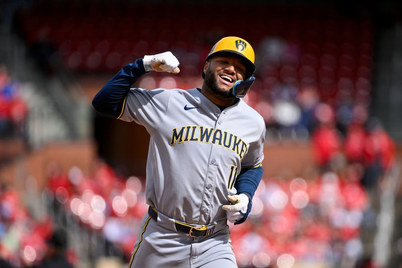 Apr 26, 2025; St. Louis, Missouri, USA;  Milwaukee Brewers left fielder Jackson Chourio (11) reacts as he runs the bases after hitting a game tying two run home run against the St. Louis Cardinals during the ninth inning at Busch Stadium. Mandatory Credit: Jeff Curry-Imagn Images