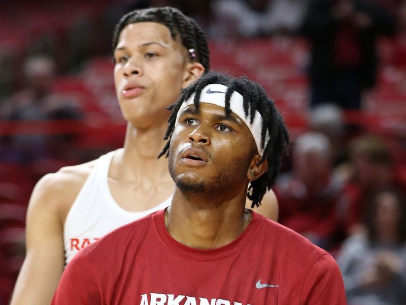 Nov 28, 2022; Fayetteville, Arkansas, USA; Arkansas Razorbacks guard Ricky Council IV (1) warms up prior to a game against the Troy Trojans at Bud Walton Arena. Mandatory Credit: Nelson Chenault-USA TODAY Sports