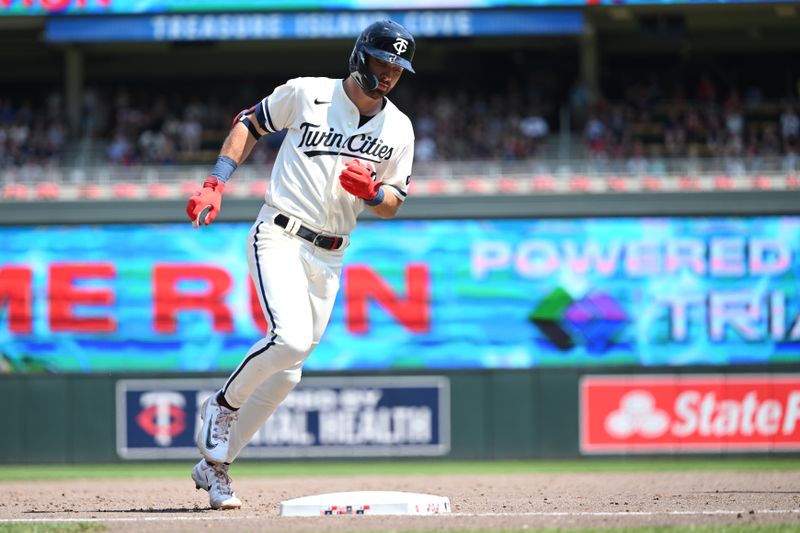 Jul 9, 2023; Minneapolis, Minnesota, USA; Minnesota Twins second baseman Edouard Julien (47) rounds third base after hitting a home run off Baltimore Orioles starting pitcher Kyle Gibson (not pictured) during the sixth inning at Target Field. Mandatory Credit: Jeffrey Becker-USA TODAY Sports