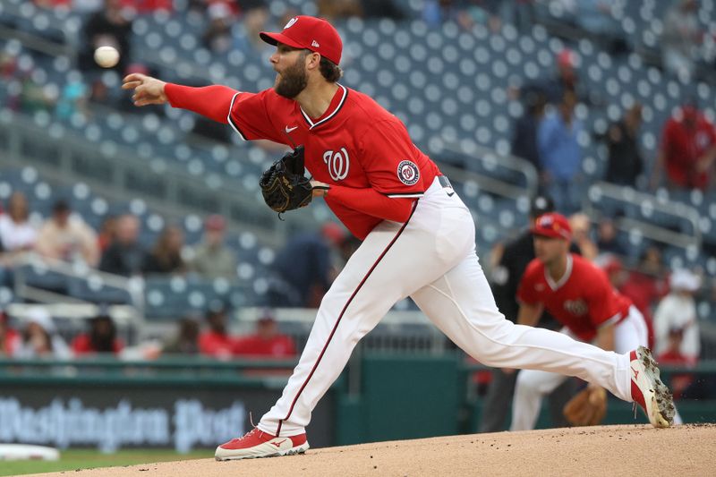 Apr 6, 2025; Washington, District of Columbia, USA; Washington Nationals pitcher Trevor Williams (32) throws the ball during the first inning against the Arizona Diamondbacks at Nationals Park. Mandatory Credit: Daniel Kucin Jr.-Imagn Images