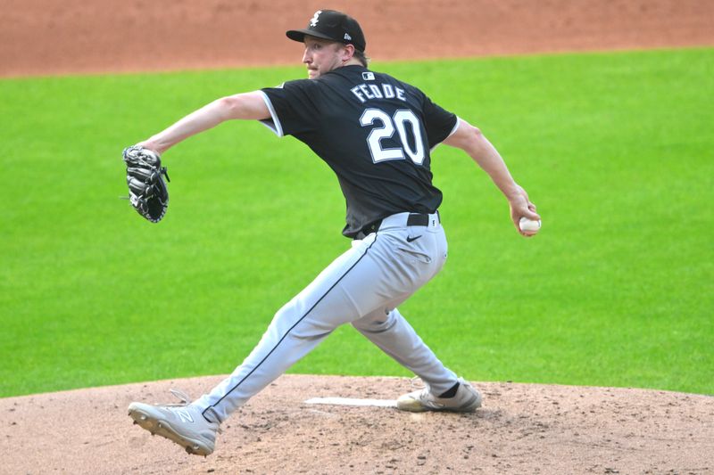 Jul 3, 2024; Cleveland, Ohio, USA; Chicago White Sox starting pitcher Erick Fedde (20) delivers a pitch in the second inning against the Cleveland Guardians at Progressive Field. Mandatory Credit: David Richard-USA TODAY Sports