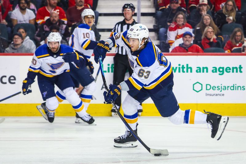 Jan 23, 2024; Calgary, Alberta, CAN; St. Louis Blues left wing Jake Neighbours (63) shoots the puck against the Calgary Flames during the third period at Scotiabank Saddledome. Mandatory Credit: Sergei Belski-USA TODAY Sports