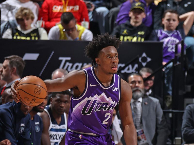 SALT LAKE CITY, UT - MARCH 18: Colin Sexton #2 of the Utah Jazz handles the ball during the game against the Minnesota Timberwolves on March 18, 2024 at Delta Center in Salt Lake City, Utah. NOTE TO USER: User expressly acknowledges and agrees that, by downloading and or using this Photograph, User is consenting to the terms and conditions of the Getty Images License Agreement. Mandatory Copyright Notice: Copyright 2024 NBAE (Photo by Melissa Majchrzak/NBAE via Getty Images)