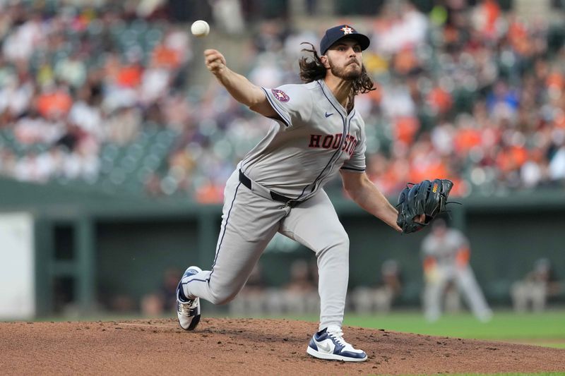 Aug 22, 2024; Baltimore, Maryland, USA; Houston Astros pitcher Spencer Arrighetti (41) throws a pitch during the first inning against the Baltimore Orioles at Oriole Park at Camden Yards. Mandatory Credit: Mitch Stringer-USA TODAY Sports