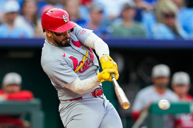 May 16, 2025; Kansas City, Missouri, USA; St. Louis Cardinals designated hitter Ivan Herrera (48) hits an RBI single during the fourth inning against the Kansas City Royals at Kauffman Stadium. Mandatory Credit: Jay Biggerstaff-Imagn Images