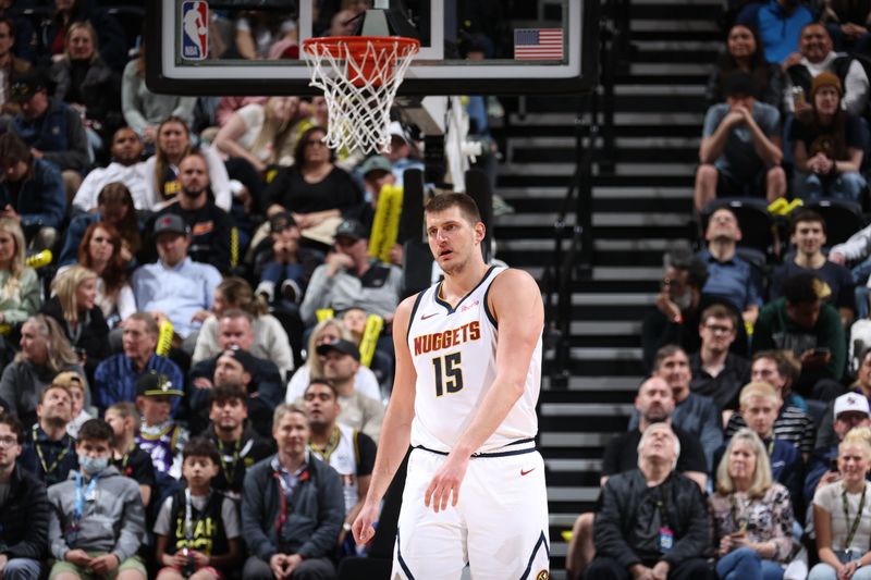 SALT LAKE CITY, UT - APRIL 9: Nikola Jokic #15 of the Denver Nuggets looks on during the game against the Utah Jazz on April 9, 2024 at Delta Center in Salt Lake City, Utah. NOTE TO USER: User expressly acknowledges and agrees that, by downloading and or using this Photograph, User is consenting to the terms and conditions of the Getty Images License Agreement. Mandatory Copyright Notice: Copyright 2024 NBAE (Photo by Melissa Majchrzak/NBAE via Getty Images)