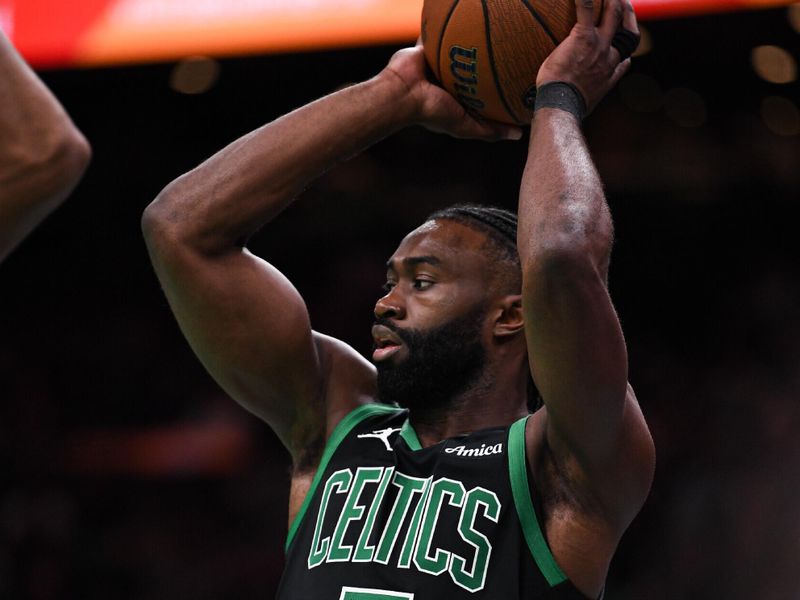 BOSTON, MASSACHUSETTS - NOVEMBER 12: Jaylen Brown #7 of the Boston Celtics looks to pass against the Atlanta Hawks during the second half of an Emirates NBA cup game at TD Garden on November 12, 2024 in Boston, Massachusetts. NOTE TO USER: User expressly acknowledges and agrees that, by downloading and or using this photograph, User is consenting to the terms and conditions of the Getty Images License Agreement. (Photo by China Wong/Getty Images)