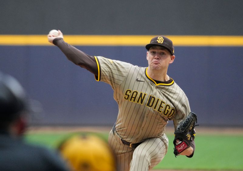 Jun 7, 2025; Milwaukee, Wisconsin, USA; San Diego Padres pitcher Stephen Kolek (32) delivers a pitch against the Milwaukee Brewers in the first inning at American Family Field. Mandatory Credit: Michael McLoone-Imagn Images
