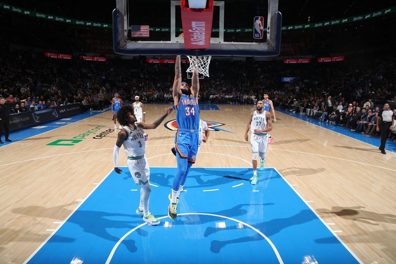 OKLAHOMA CITY, OK - JANUARY 29: Kenrich Williams #34 of the Oklahoma City Thunder drives to the basket during the game against the Minnesota Timberwolves on January 29, 2024 at Paycom Arena in Oklahoma City, Oklahoma. NOTE TO USER: User expressly acknowledges and agrees that, by downloading and or using this photograph, User is consenting to the terms and conditions of the Getty Images License Agreement. Mandatory Copyright Notice: Copyright 2024 NBAE (Photo by Zach Beeker/NBAE via Getty Images)