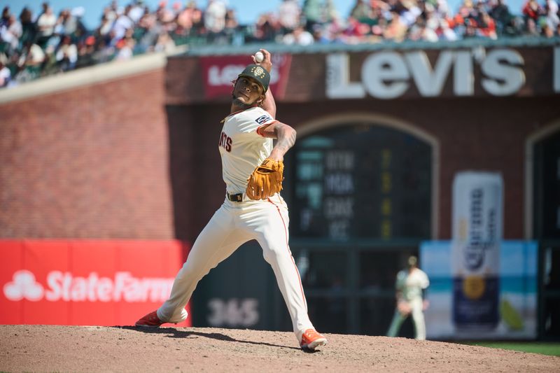 May 19, 2024; San Francisco, California, USA; San Francisco Giants pitcher Camilo Doval (75) throws a pitch against the Colorado Rockies during the ninth inning at Oracle Park. Mandatory Credit: Robert Edwards-USA TODAY Sports