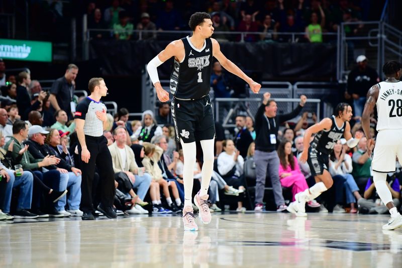 AUSTIN, TX - MARCH 17: Victor Wembanyama #1 of the San Antonio Spurs celebrates during the game against the Brooklyn Nets on March 17, 2024 at the Moody Center in Austin, Texas. NOTE TO USER: User expressly acknowledges and agrees that, by downloading and or using this photograph, user is consenting to the terms and conditions of the Getty Images License Agreement. Mandatory Copyright Notice: Copyright 2024 NBAE (Photos by Michael Gonzales/NBAE via Getty Images)