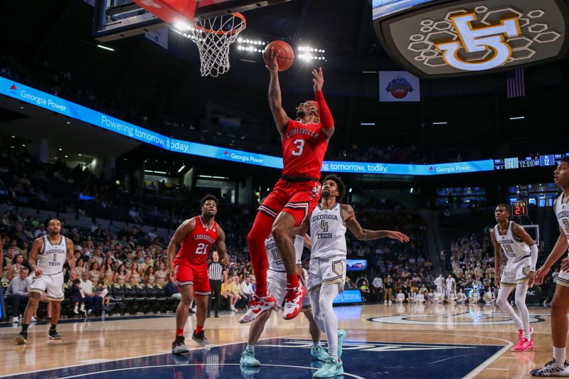 Feb 25, 2023; Atlanta, Georgia, USA; Louisville Cardinals guard El Ellis (3) shoots past the Georgia Tech Yellow Jackets in the first half at McCamish Pavilion. Mandatory Credit: Brett Davis-USA TODAY Sports