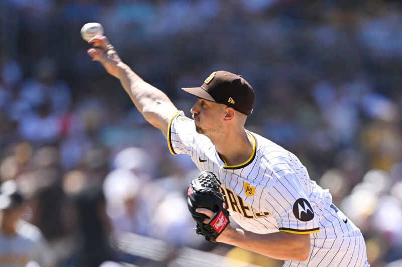 August 14, 2024; San Diego, California, USA; San Diego Padres pitcher Bryan Hoeing (78) delivers against the Pittsburgh Pirates during the seventh inning at Petco Park. Mandatory Credit: Denis Poroy-USA TODAY Sports at Petco Park. 
