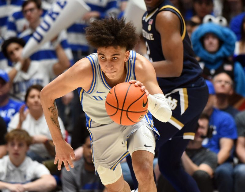 Feb 14, 2023; Durham, North Carolina, USA;  Duke Blue Devils guard Tyrese Proctor(5) dribbles up court after a steal during the second half against the Notre Dame Fighting Irish at Cameron Indoor Stadium.  The Blue Devils won 68-64. Mandatory Credit: Rob Kinnan-USA TODAY Sports