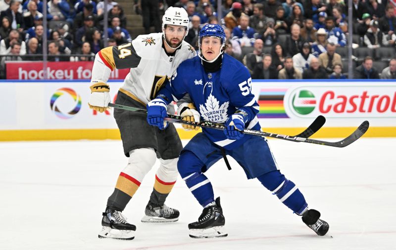 Feb 27, 2024; Toronto, Ontario, CAN;  Vegas Golden Knights defenseman Nicolas Hague (14) covers Toronto Maple Leafs forward Tyler Bertuzzi (59) in the first period at Scotiabank Arena. Mandatory Credit: Dan Hamilton-USA TODAY Sports