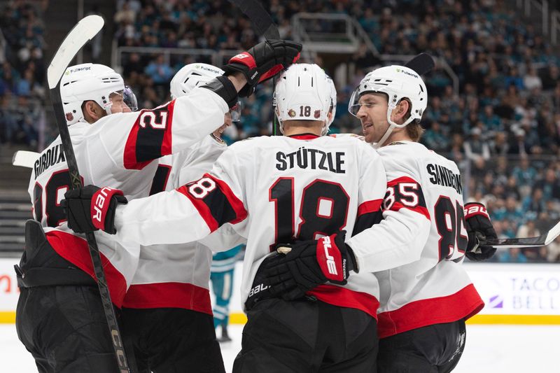 Nov 22, 2025; San Jose, California, USA; Ottawa Senators center Tim Stützle (18) is surrounded by his teammates after assisting on a goal during the first period against the San Jose Sharks at SAP Center at San Jose. Mandatory Credit: Stan Szeto-Imagn Images Nov 22, 2025; San Jose, California, USA; Ottawa Senators center Tim Stützle (18) is surrounded by his teammates after assisting on a goal during the first period against the San Jose Sharks at SAP Center at San Jose. Mandatory Credit: Stan Szeto-Imagn Images