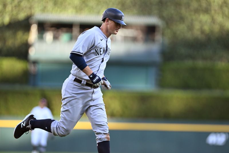 Aug 30, 2023; Detroit, Michigan, USA; New York Yankees first baseman DJ LeMahieu (26) rounds third base after hitting a solo home run off Detroit Tigers relief pitcher Joey Wentz (43) (not pictured) in the second inning at Comerica Park. Mandatory Credit: Lon Horwedel-USA TODAY Sports