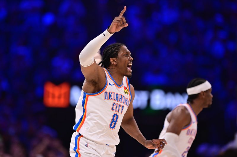 OKLAHOMA CITY, OKLAHOMA - MARCH 31: Jalen Williams #8 of the Oklahoma City Thunder reacts after a made basket during the first half against the Chicago Bulls at Paycom Center on March 31, 2025 in Oklahoma City, Oklahoma. NOTE TO USER: User expressly acknowledges and agrees that, by downloading and or using this photograph, User is consenting to the terms and conditions of the Getty Images License Agreement. (Photo by Joshua Gateley/Getty Images)