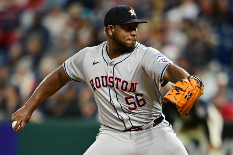 Sep 27, 2024; Cleveland, Ohio, USA; Houston Astros starting pitcher Ronel Blanco (56) throws a pitch during the first inning against the Cleveland Guardians at Progressive Field. Mandatory Credit: Ken Blaze-Imagn Images