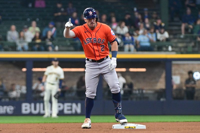 May 24, 2023; Milwaukee, Wisconsin, USA; Houston Astros third baseman Alex Bregman (2) reacts after hitting a double in the sixth inning during game against the Milwaukee Brewers at American Family Field. Mandatory Credit: Benny Sieu-USA TODAY Sports