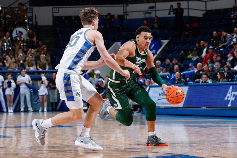 Feb 7, 2023; Colorado Springs, Colorado, USA; Colorado State Rams guard John Tonje (1) drives to the net against Air Force Falcons guard Camden Vander Zwaag (30) in the first half at Clune Arena. Mandatory Credit: Isaiah J. Downing-USA TODAY Sports