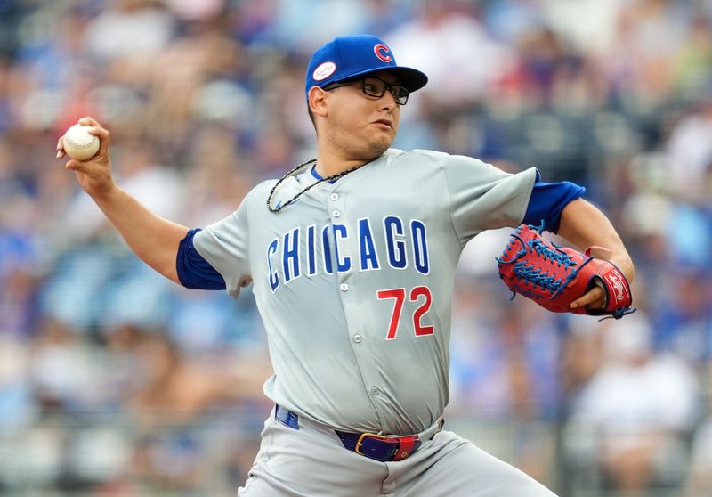 Jul 28, 2024; Kansas City, Missouri, USA; Chicago Cubs starting pitcher Javier Assad (72) pitches during the first inning against the Kansas City Royals at Kauffman Stadium. Mandatory Credit: Jay Biggerstaff-USA TODAY Sports